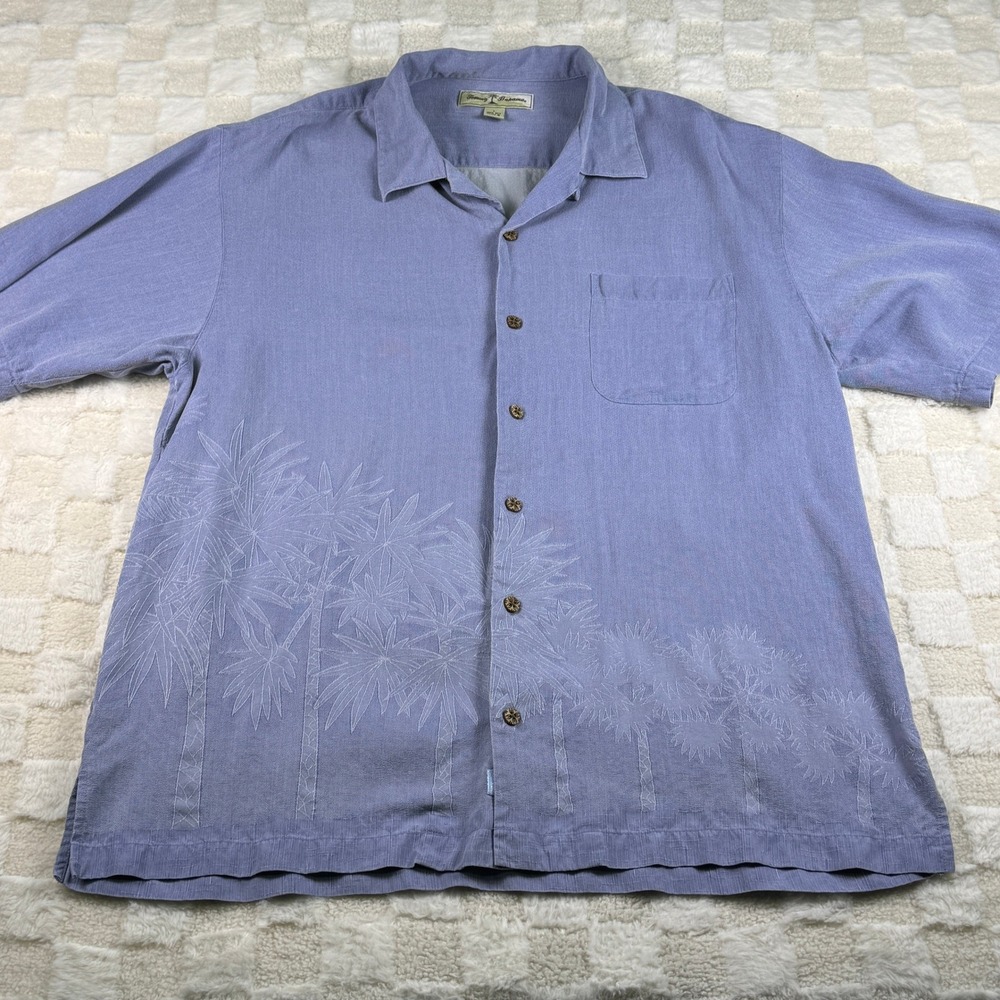 Tommy Bahama Silk‎ Button Down Shirt Men's L Blue Palm Tree Tropical
